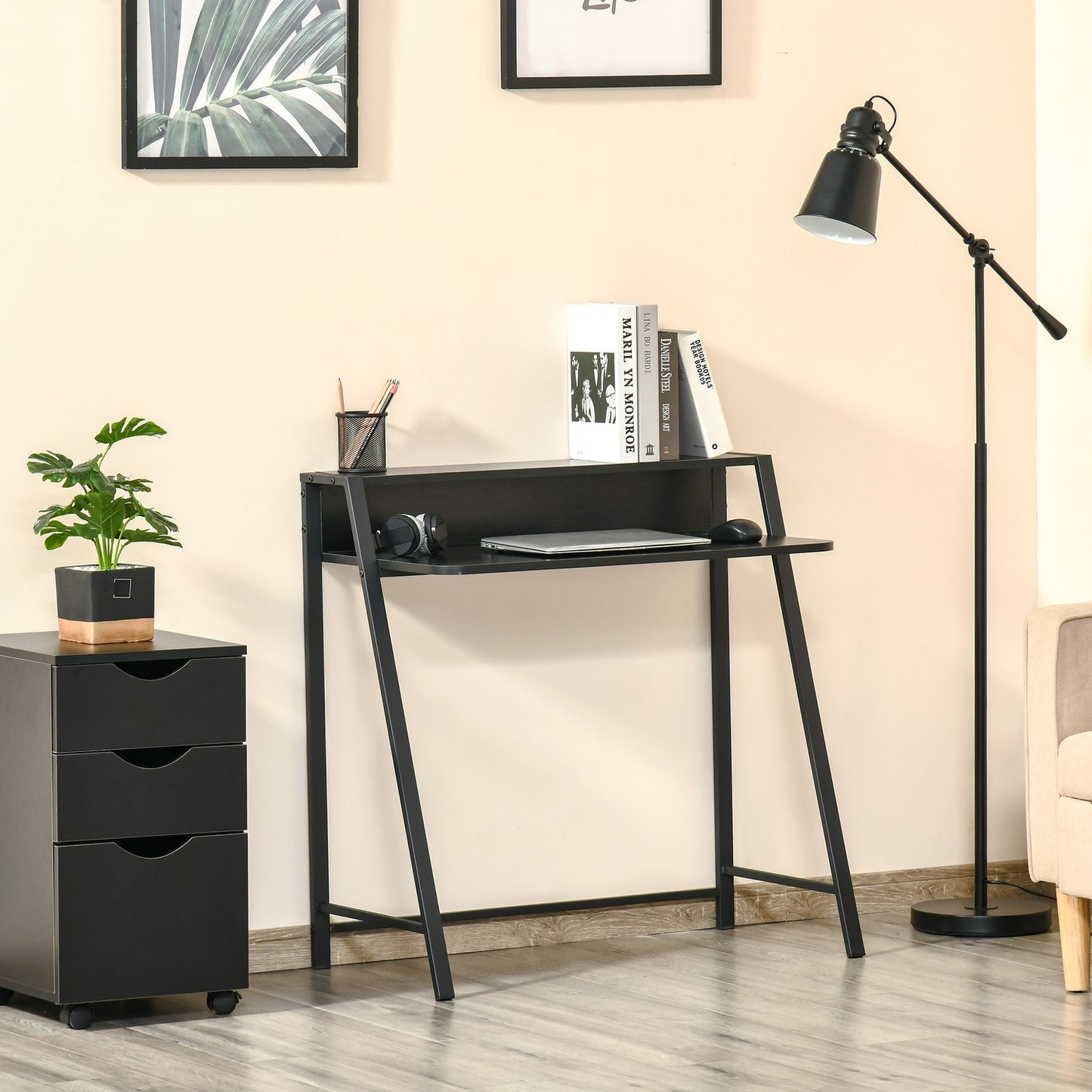 Computer table, Black Metal, Shelf & Cable management
