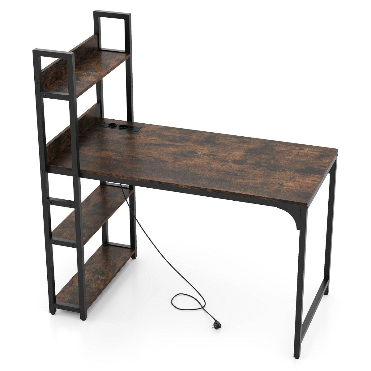 Computer Desk with Charging Station & Bookshelf, Brown