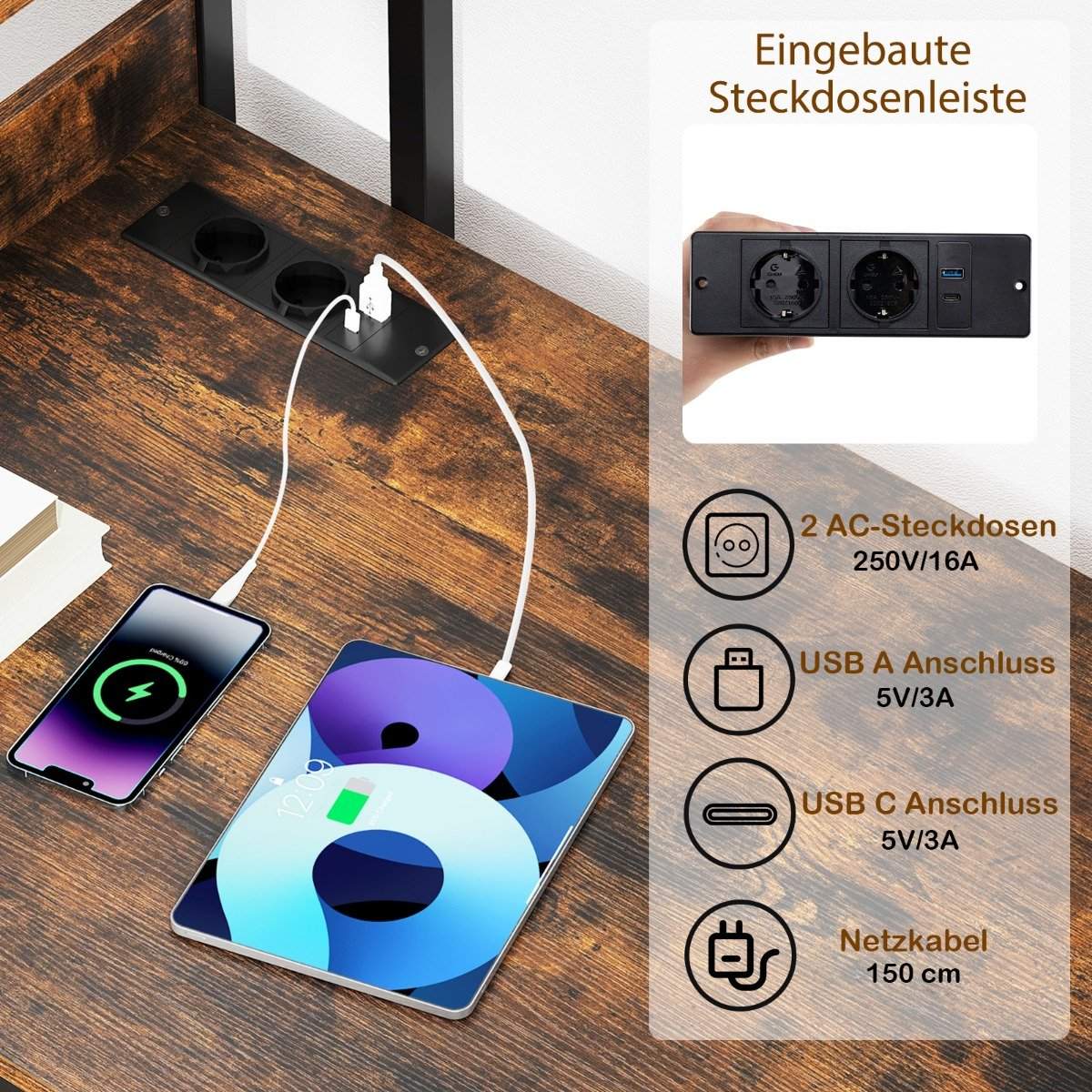 Computer Desk with Charging Station & Bookshelf, Brown