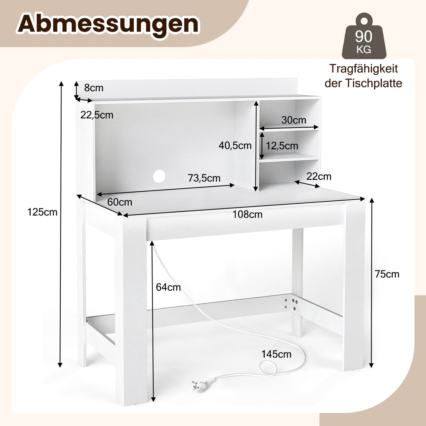 Computer Desk with Hutch, Power Outlets & Cable Management