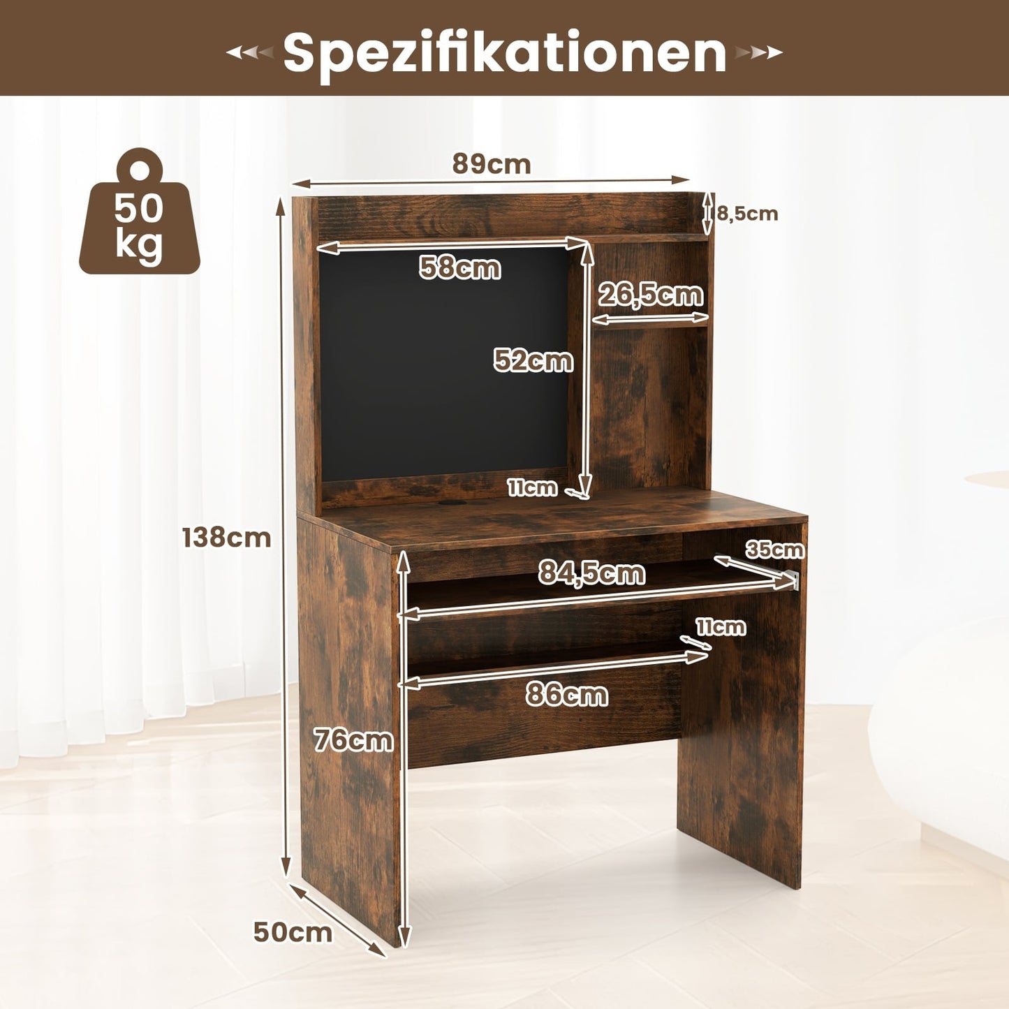 Computer Desk with Magnetic Board, Brown, Keyboard Tray