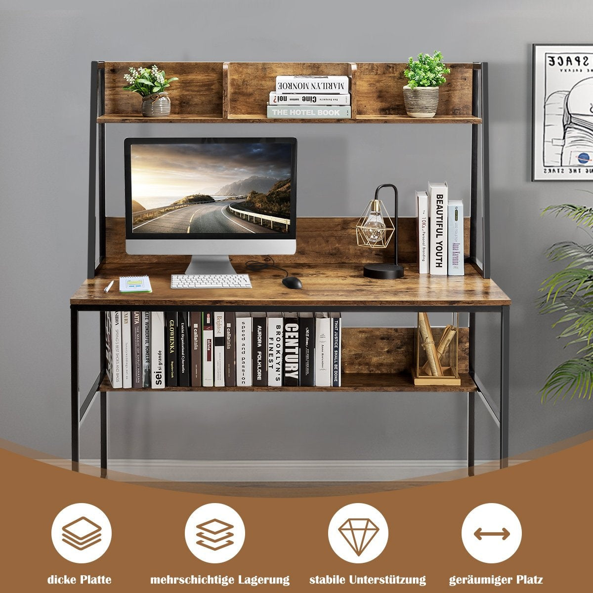 Computer Desk with Shelf & Bookshelf & Adjustable Foot Pads Desk Work Table Coffee