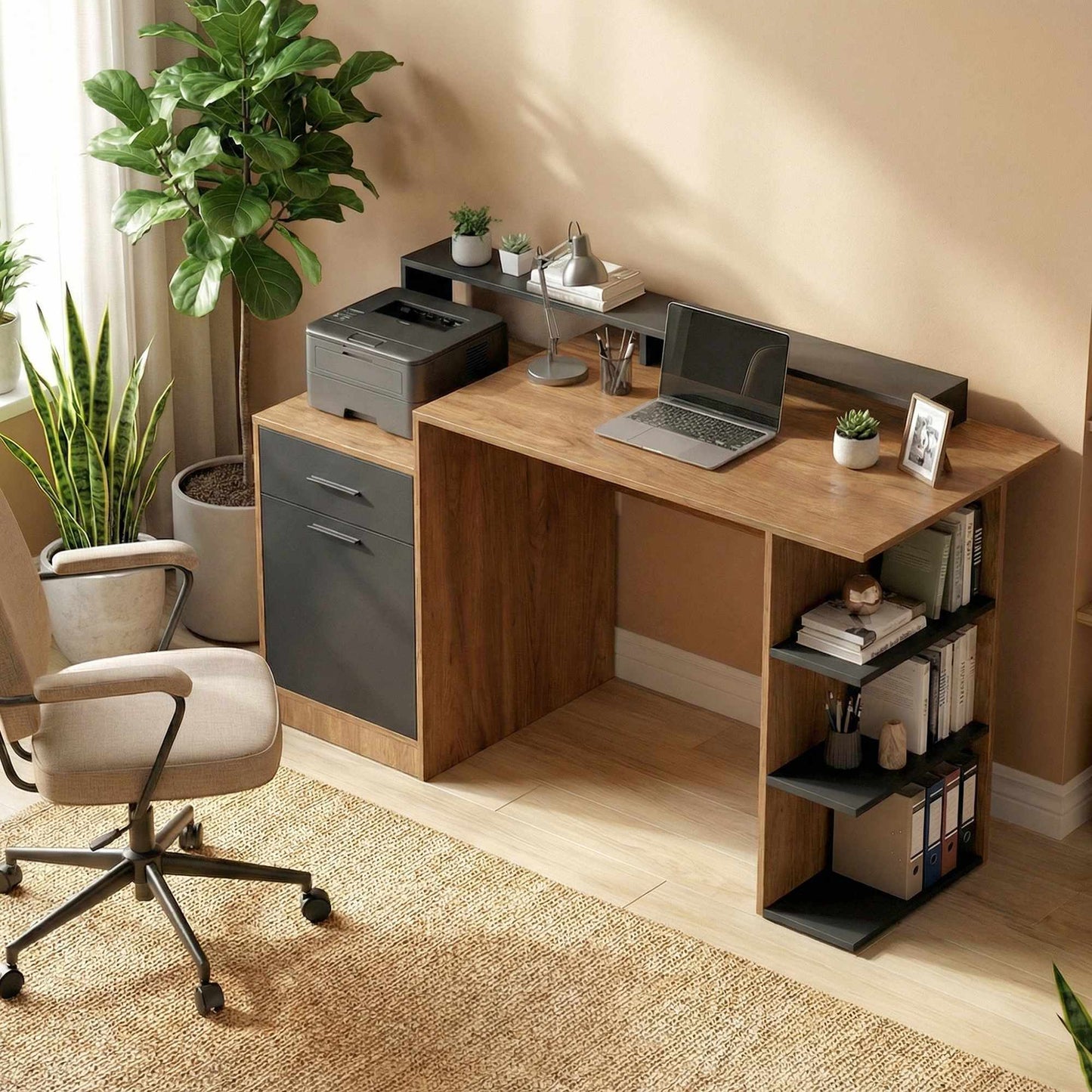 Computer Desk with Storage and Shelves, 140 cm Oak