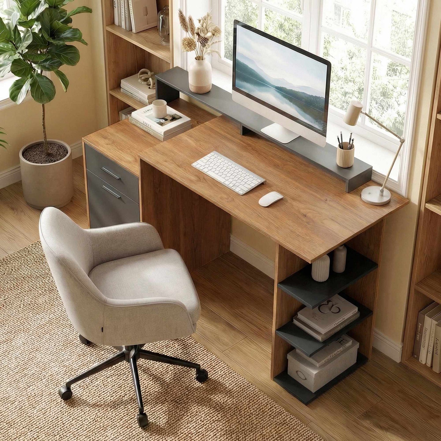 Computer Desk with Storage and Shelves, 140 cm Oak