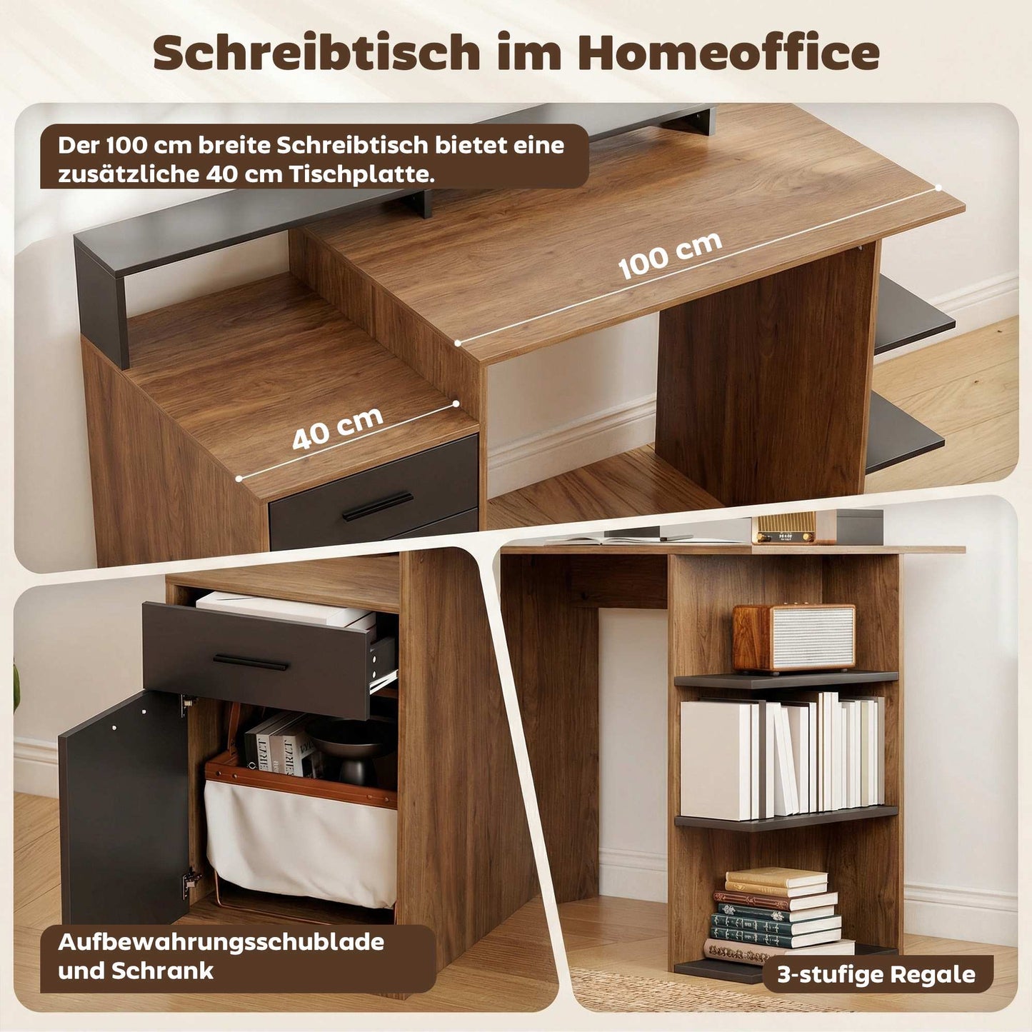 Computer Desk with Storage and Shelves, 140 cm Oak