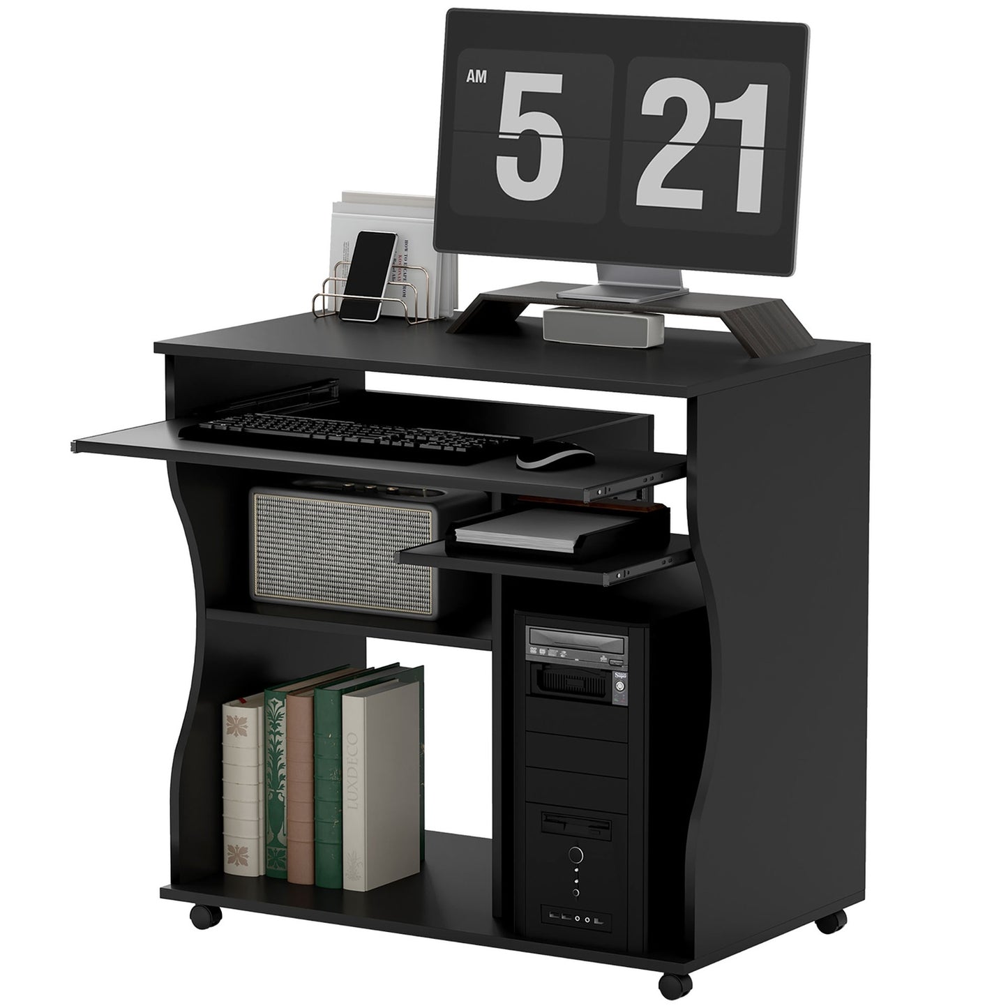 Mobile computer desk with keyboard shelf, black 80x48x75 cm