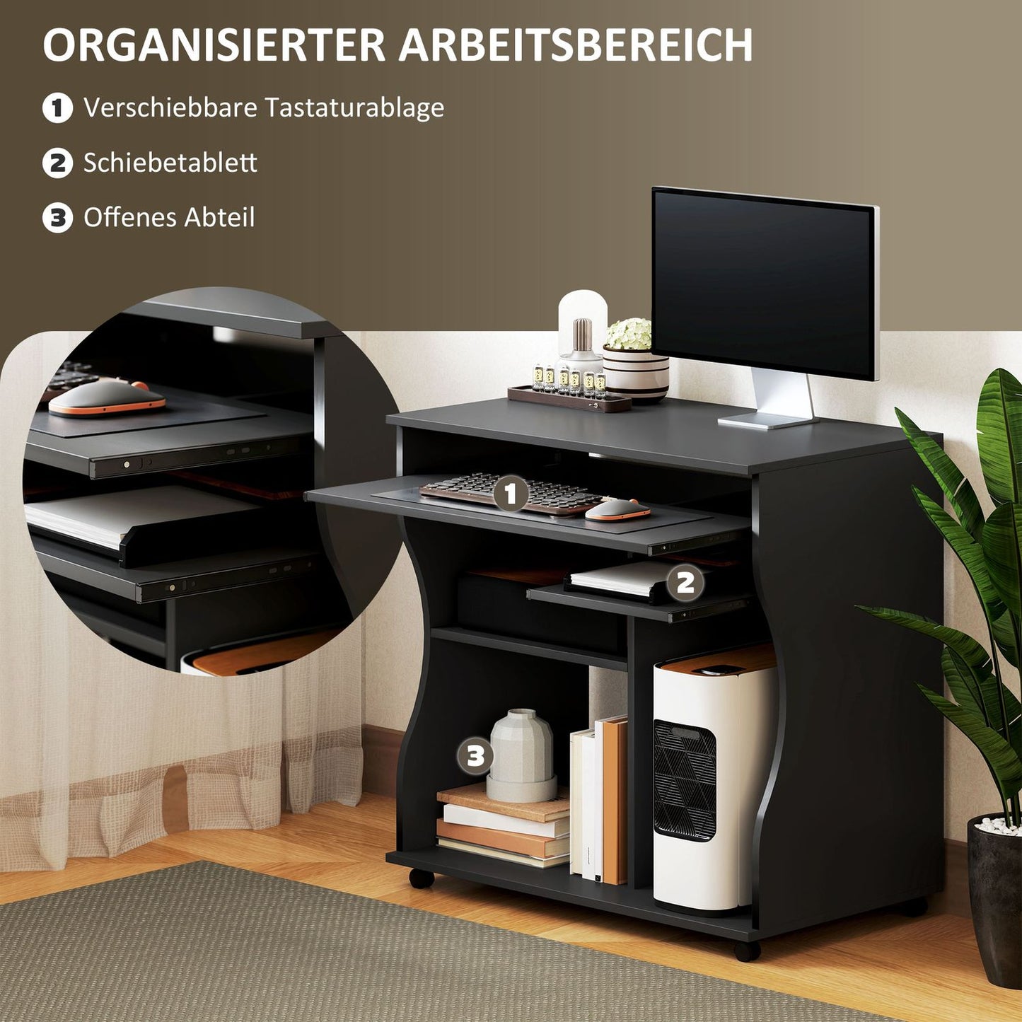 Mobile computer desk with keyboard shelf, black 80x48x75 cm