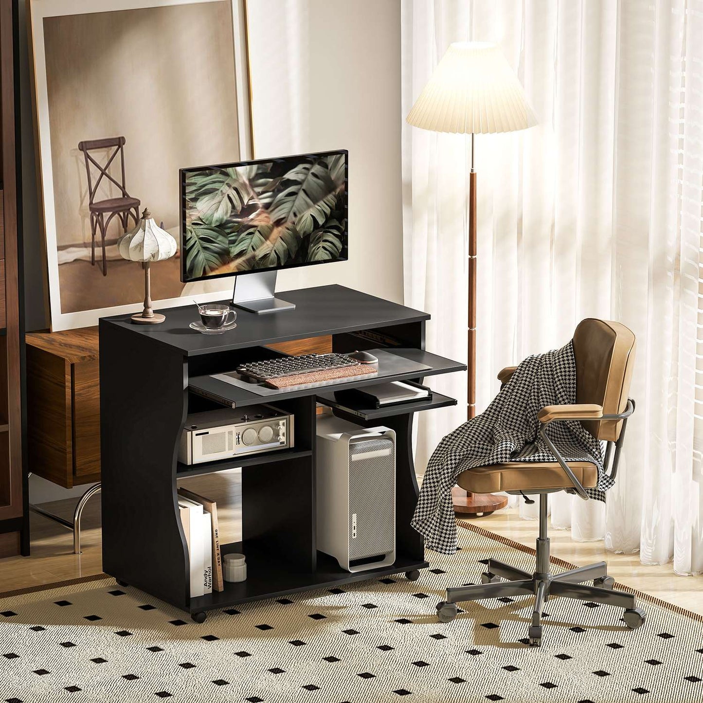 Mobile computer desk with keyboard shelf, black 80x48x75 cm