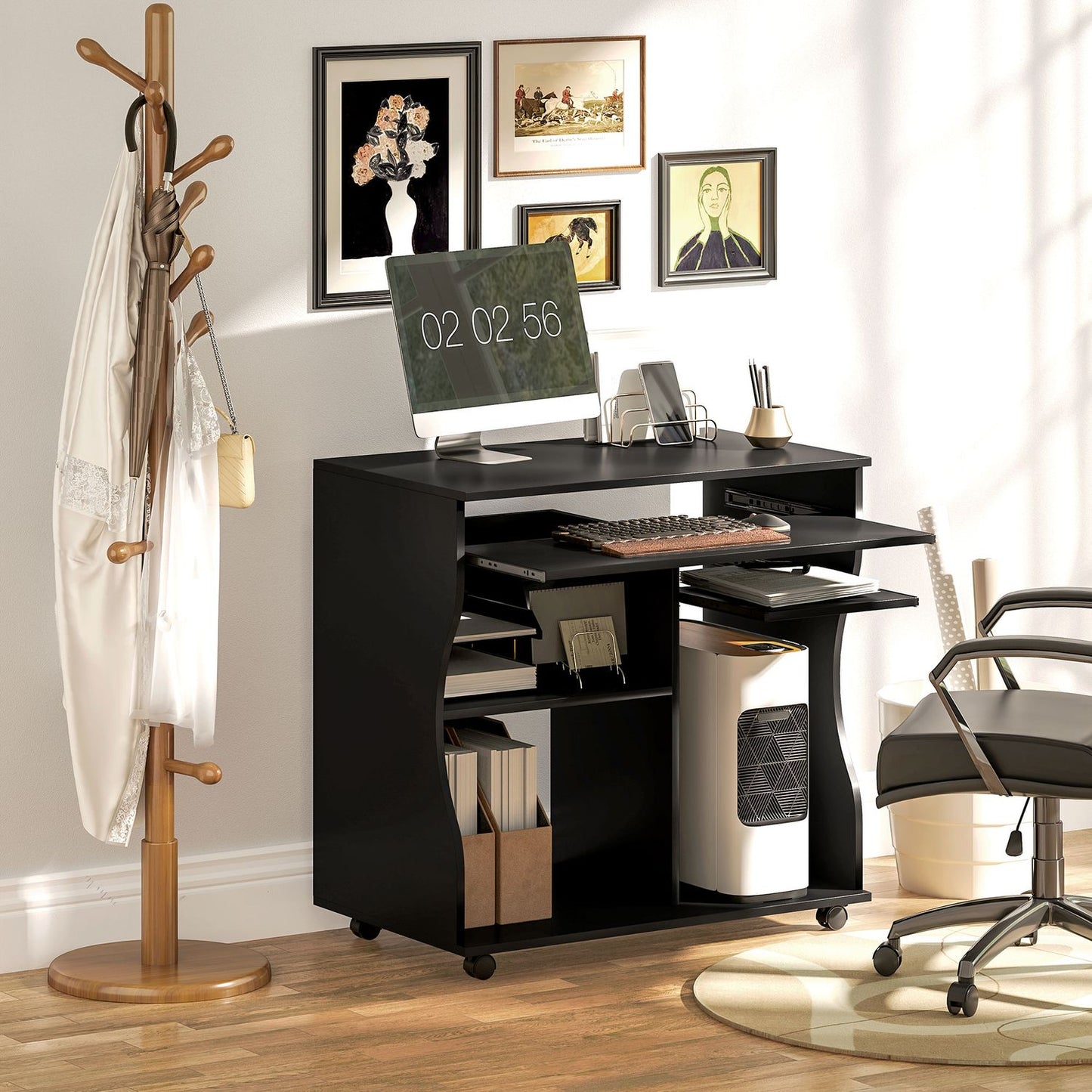Mobile computer desk with keyboard shelf, black 80x48x75 cm