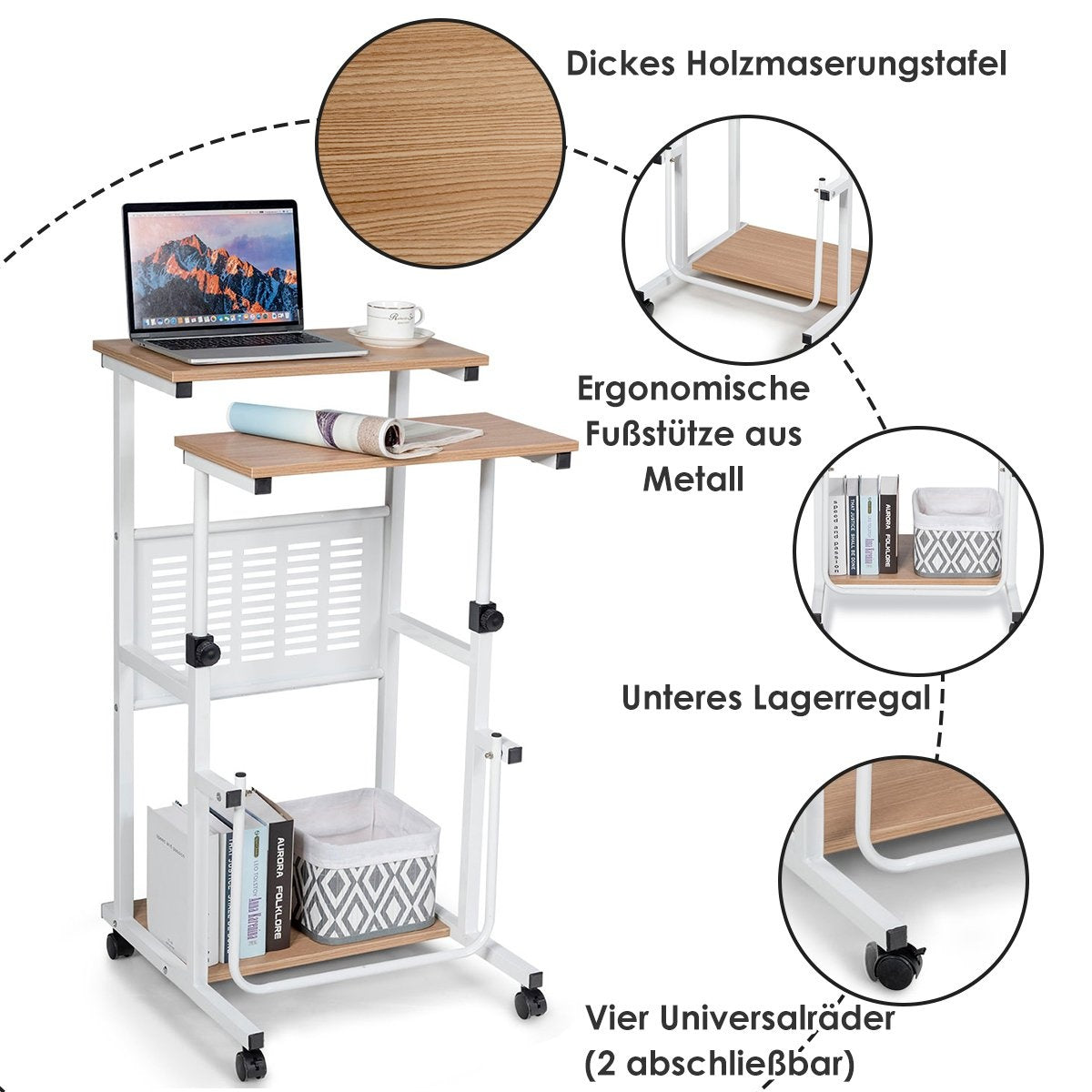 Computer table 2-in-1 office table with height-adjustable table top 55 x 53 x 98 cm natural + white