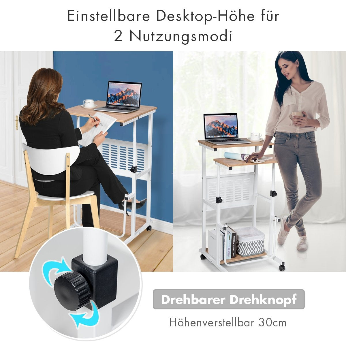 Computer table 2-in-1 office table with height-adjustable table top 55 x 53 x 98 cm natural + white