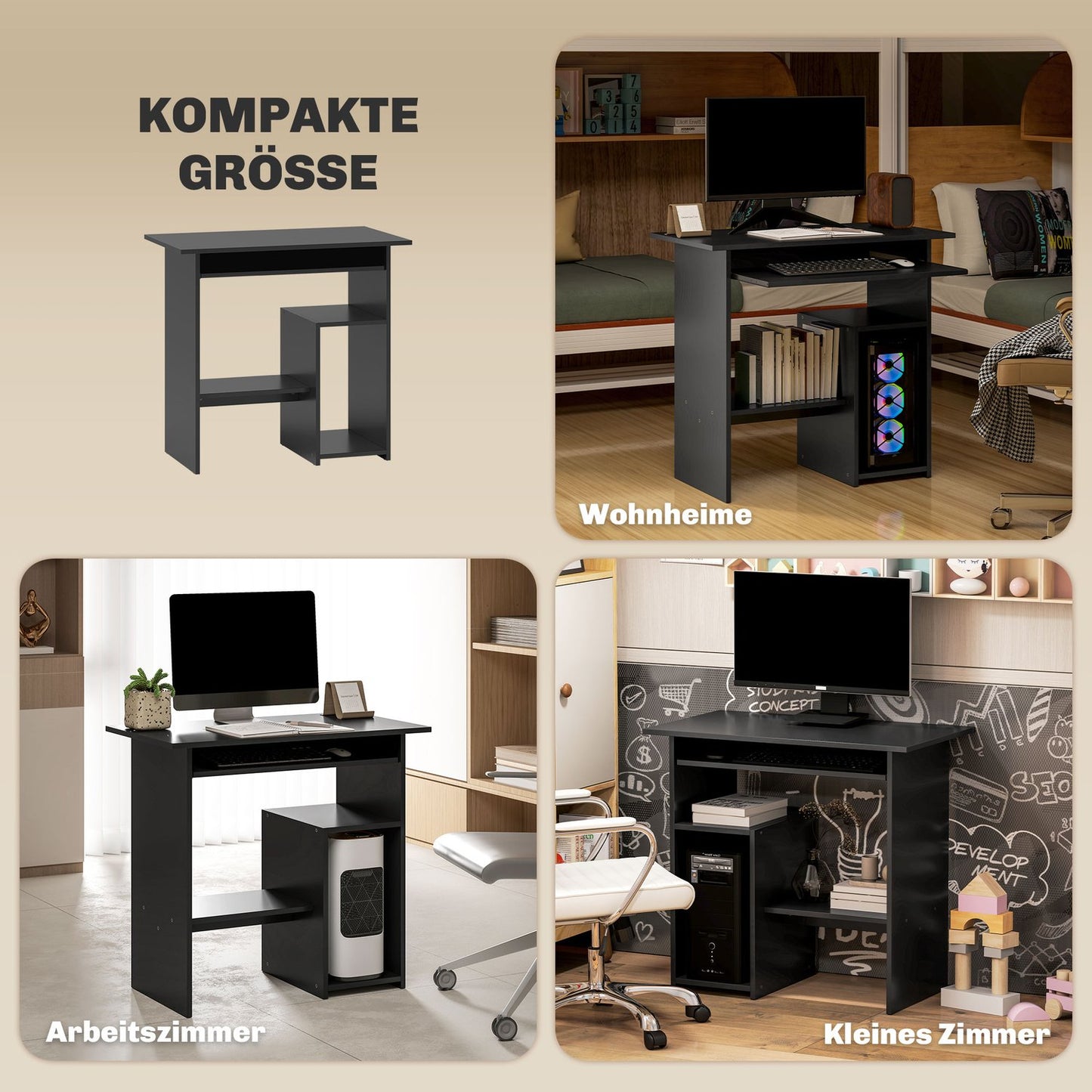 Office table with shelves, black, 80x45x75 cm