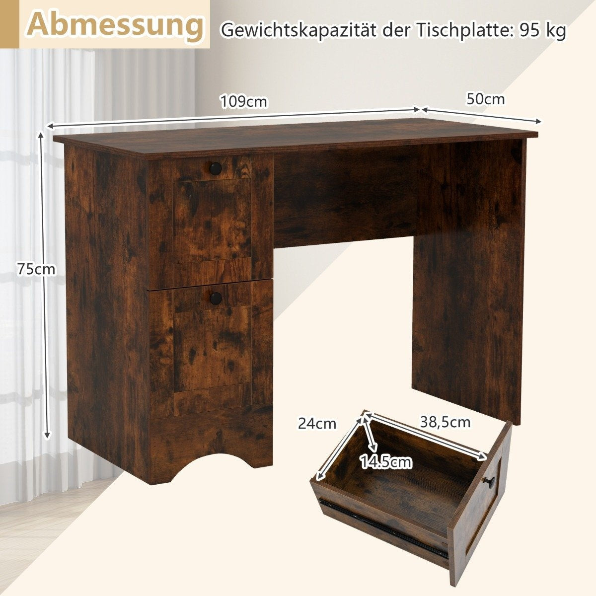 Computer table with 2 drawers, desk, robust gaming table, dressing table, laptop table, brown
