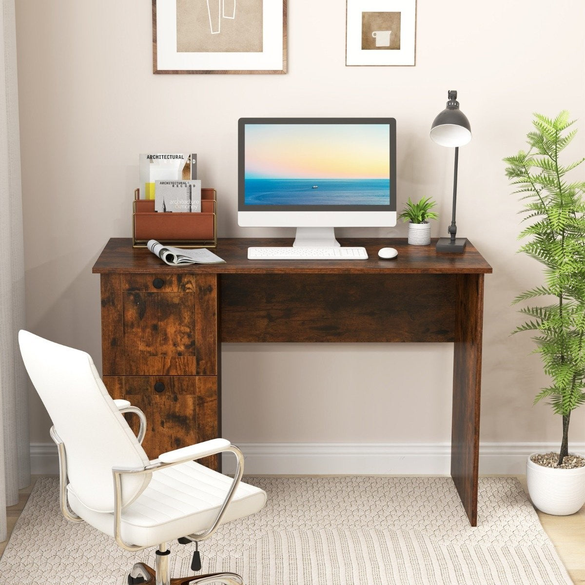 Computer table with 2 drawers, desk, robust gaming table, dressing table, laptop table, brown