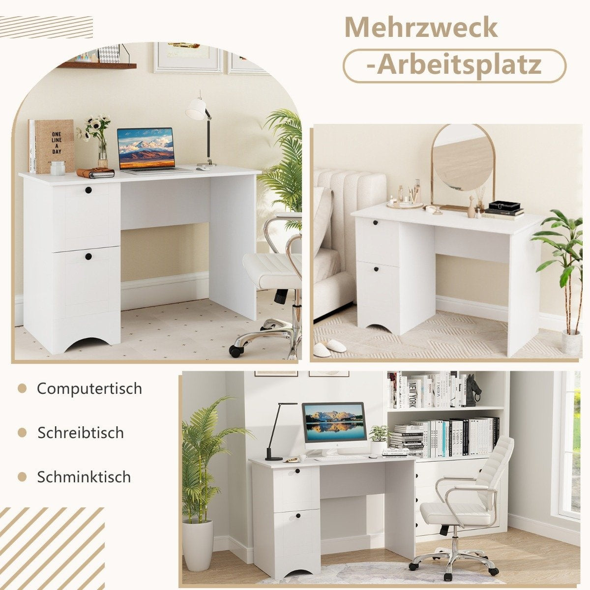 Computer table with 2 drawers, desk, robust gaming table, dressing table, laptop table, white