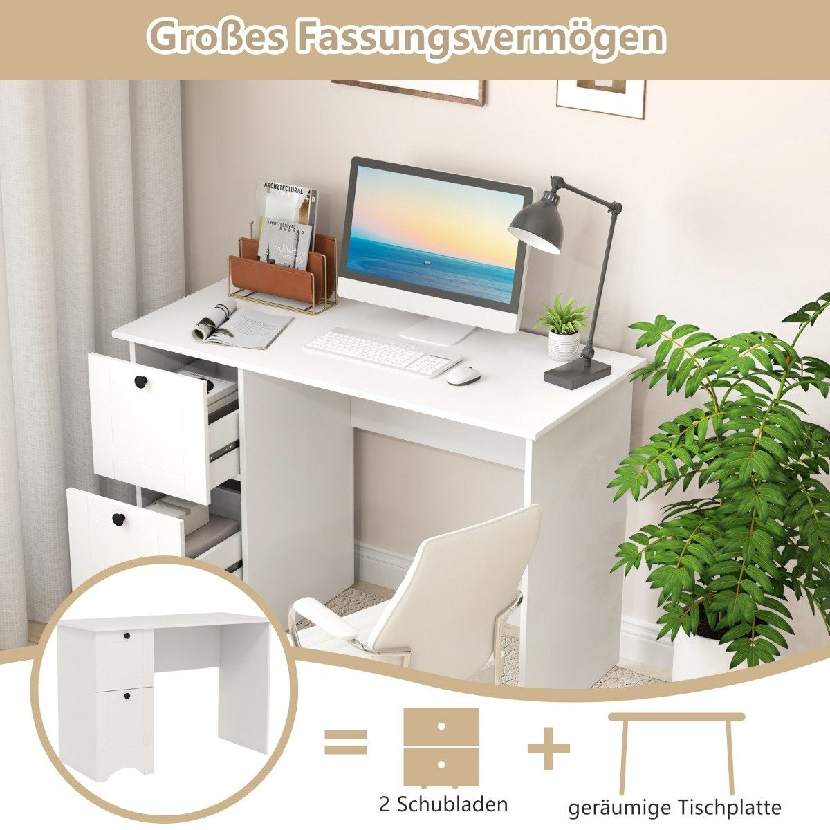 Computer table with 2 drawers, desk, robust gaming table, dressing table, laptop table, white