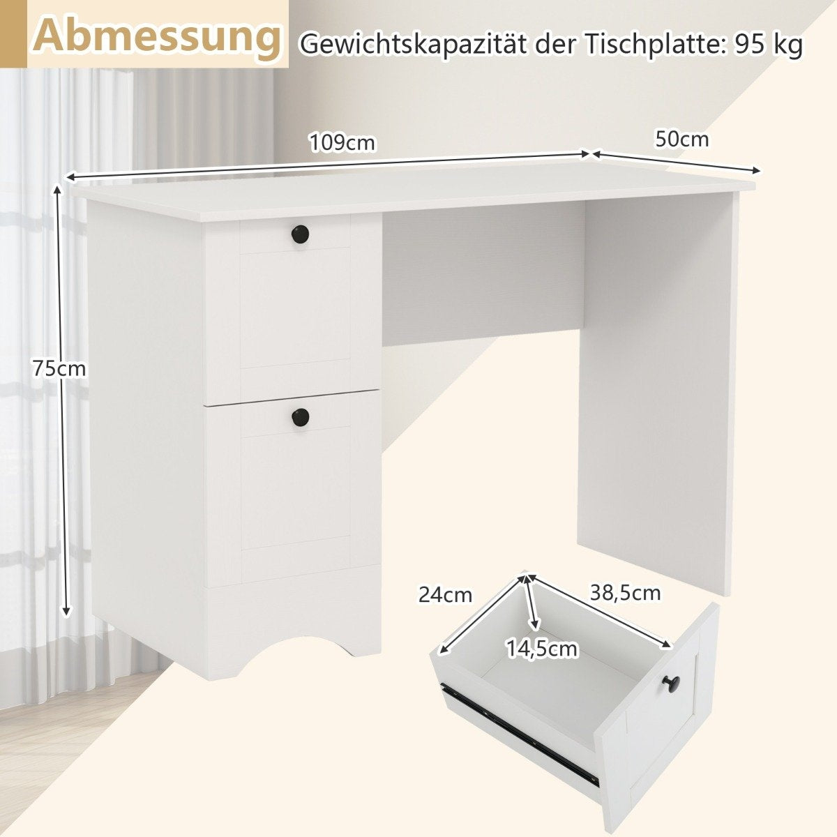 Computer table with 2 drawers, desk, robust gaming table, dressing table, laptop table, white
