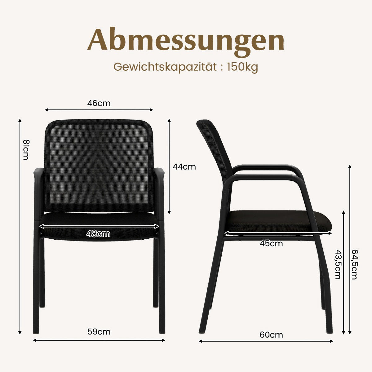 Conference Chairs Set of 2 with Armrests, Black, 150kg Capacity