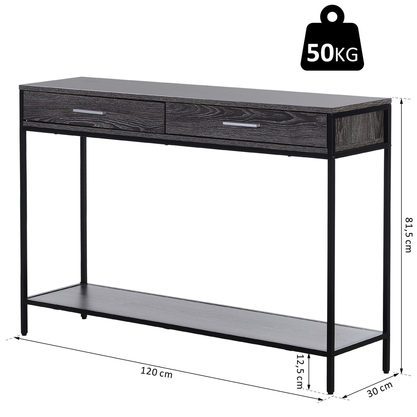Steel console table with drawers and shelf, 120 x 30 x 81.5 cm