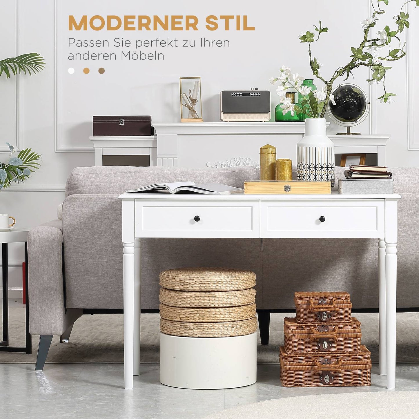 Modern pine console table with drawers, white