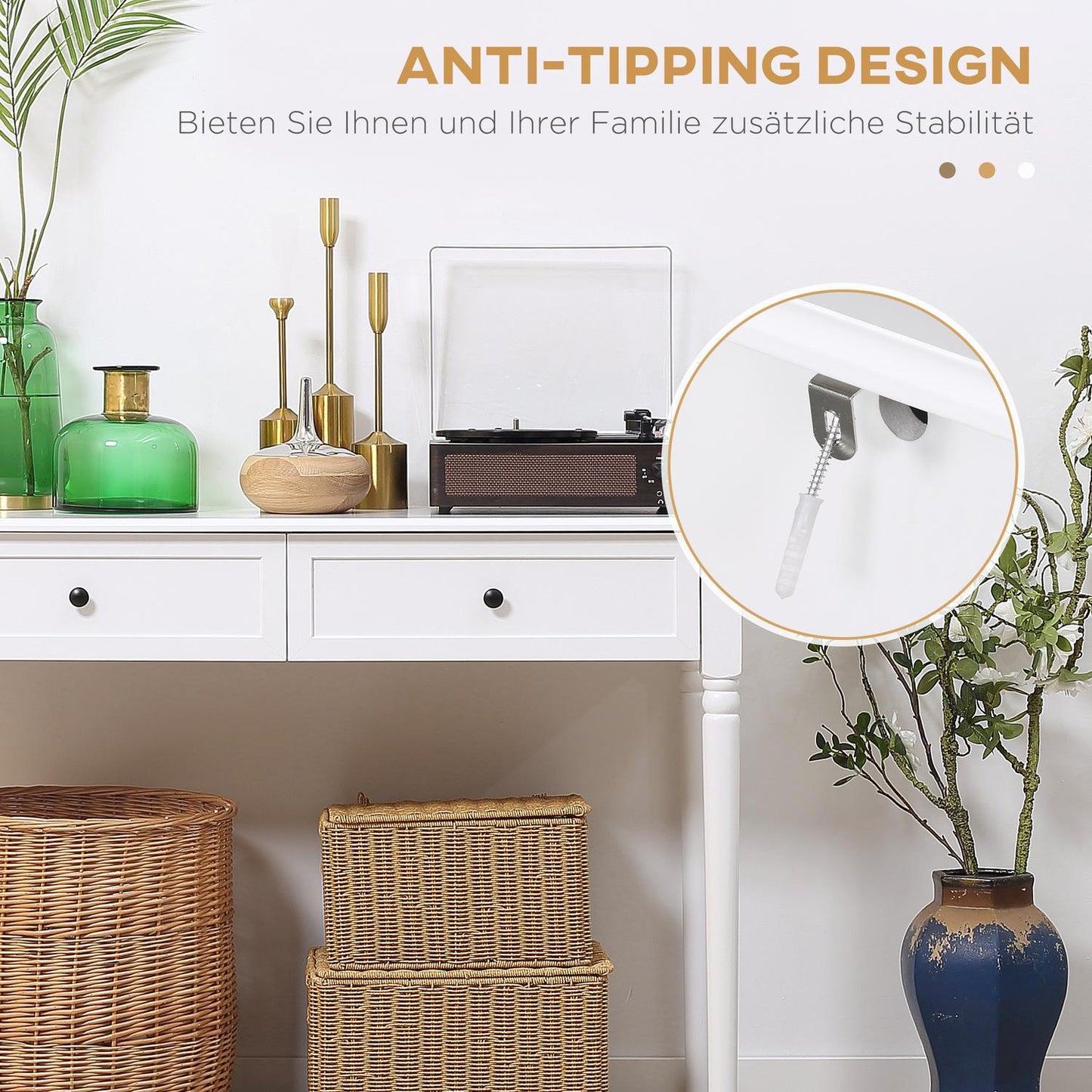Modern pine console table with drawers, white