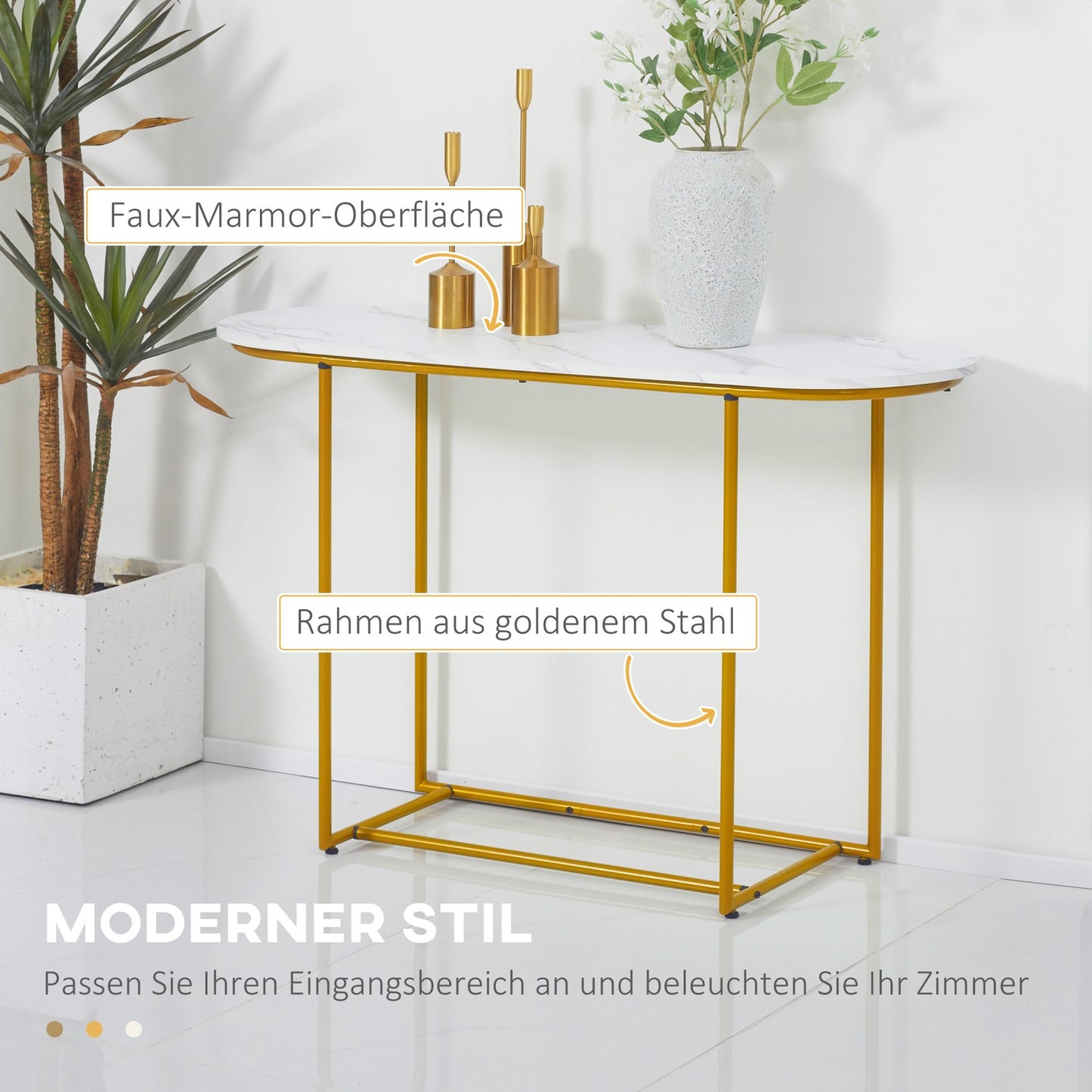 Modern console table - steel, white & gold, 120x40x75 cm