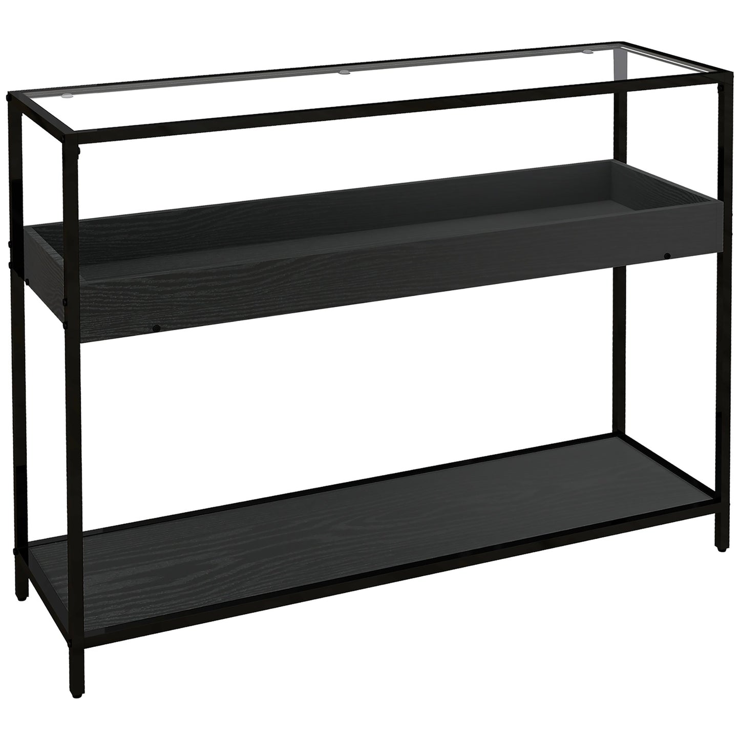 Black steel console table with glass top and 2 shelves - 100x30x78 cm