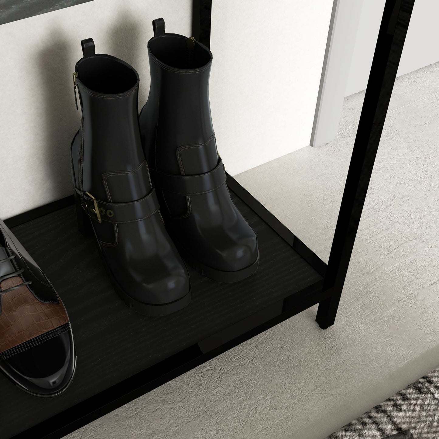 Black steel console table with glass top and 2 shelves - 100x30x78 cm