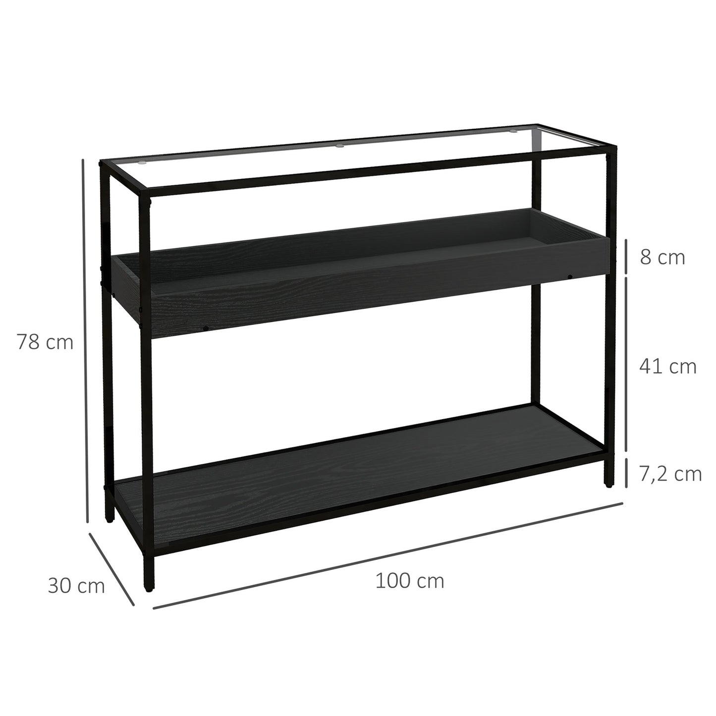 Black steel console table with glass top and 2 shelves - 100x30x78 cm