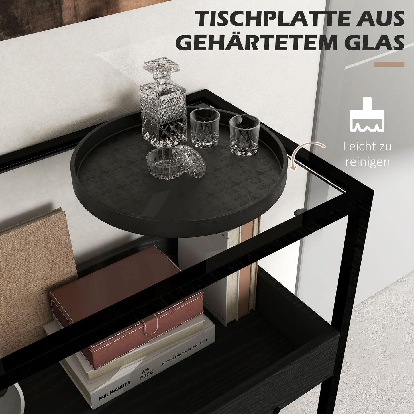Black steel console table with glass top and 2 shelves - 100x30x78 cm