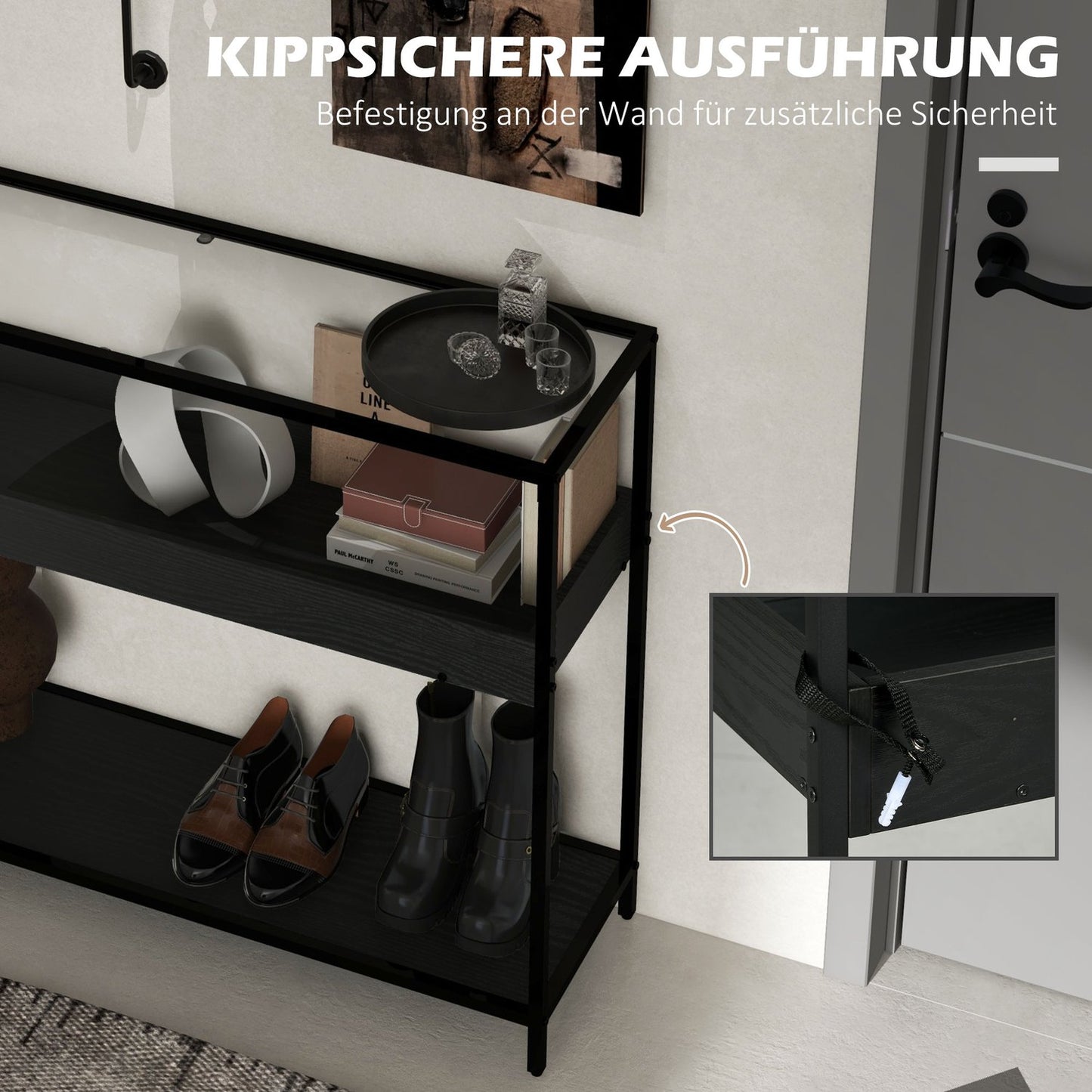 Black steel console table with glass top and 2 shelves - 100x30x78 cm