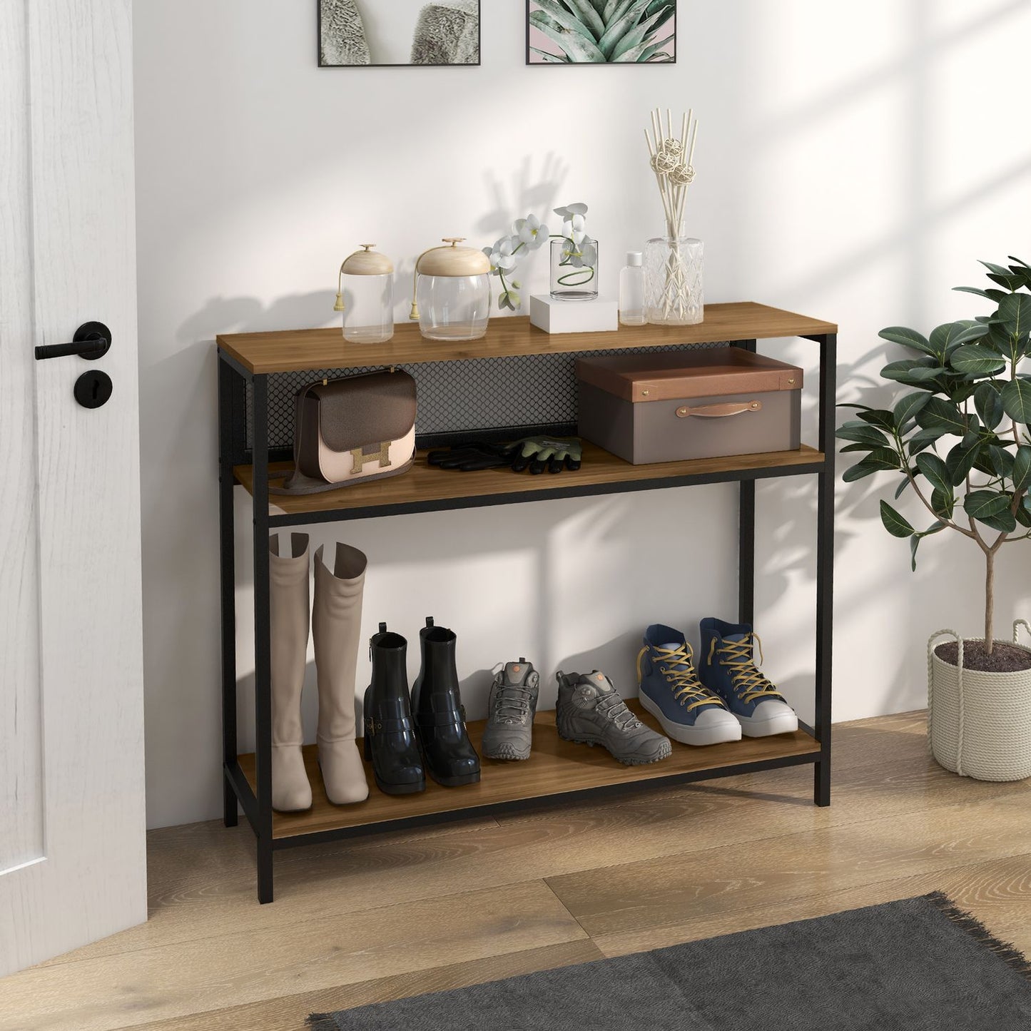 Metal console table with 2 shelves and tip protection