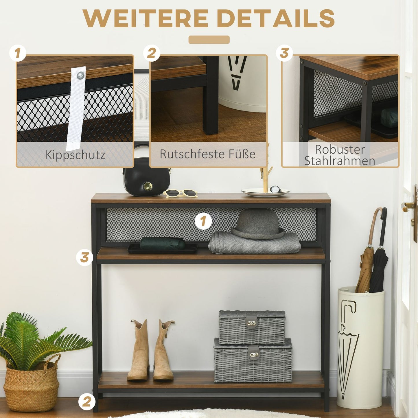 Metal console table with 2 shelves and tip protection