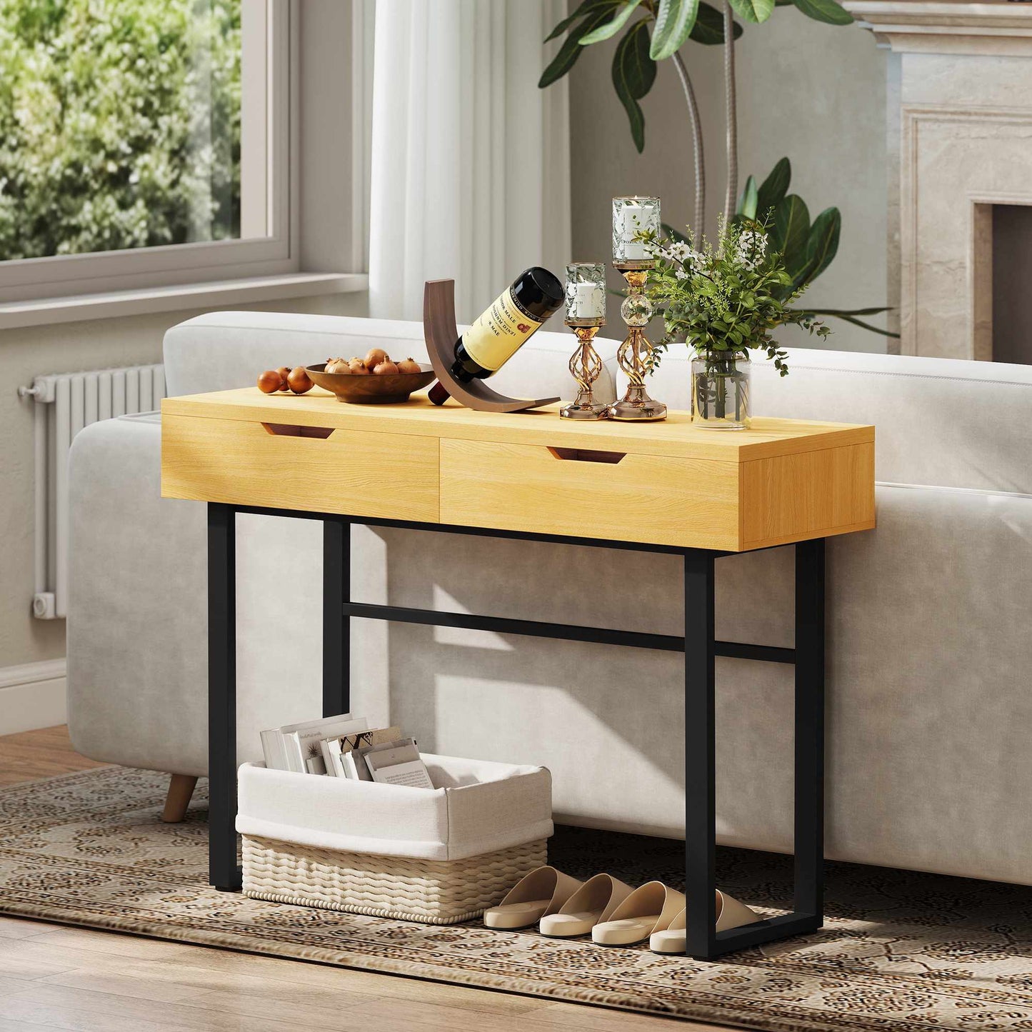 Console Table with 2 Drawers, Metal Frame, 110x35x76.5 cm