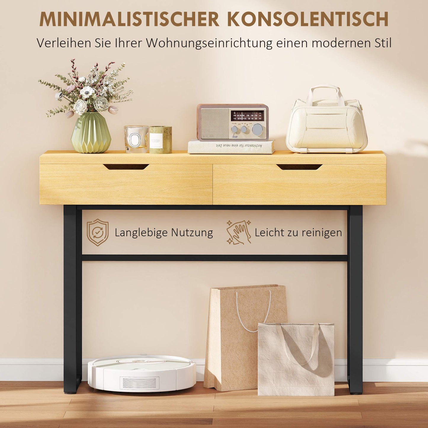 Console Table with 2 Drawers, Metal Frame, 110x35x76.5 cm
