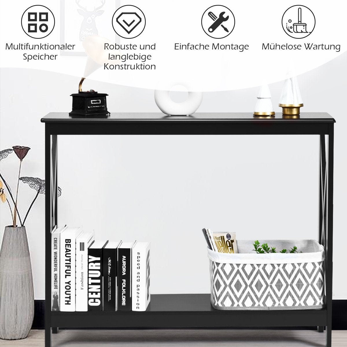 Console Table with 2 Shelves, X-Frame, Black, 100x30x80 cm