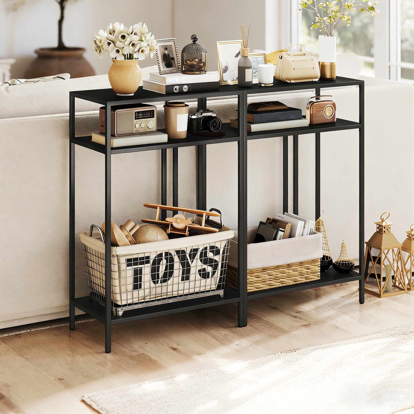 Console Table with 3 Shelves, Metal Frame, Black, 55 cm