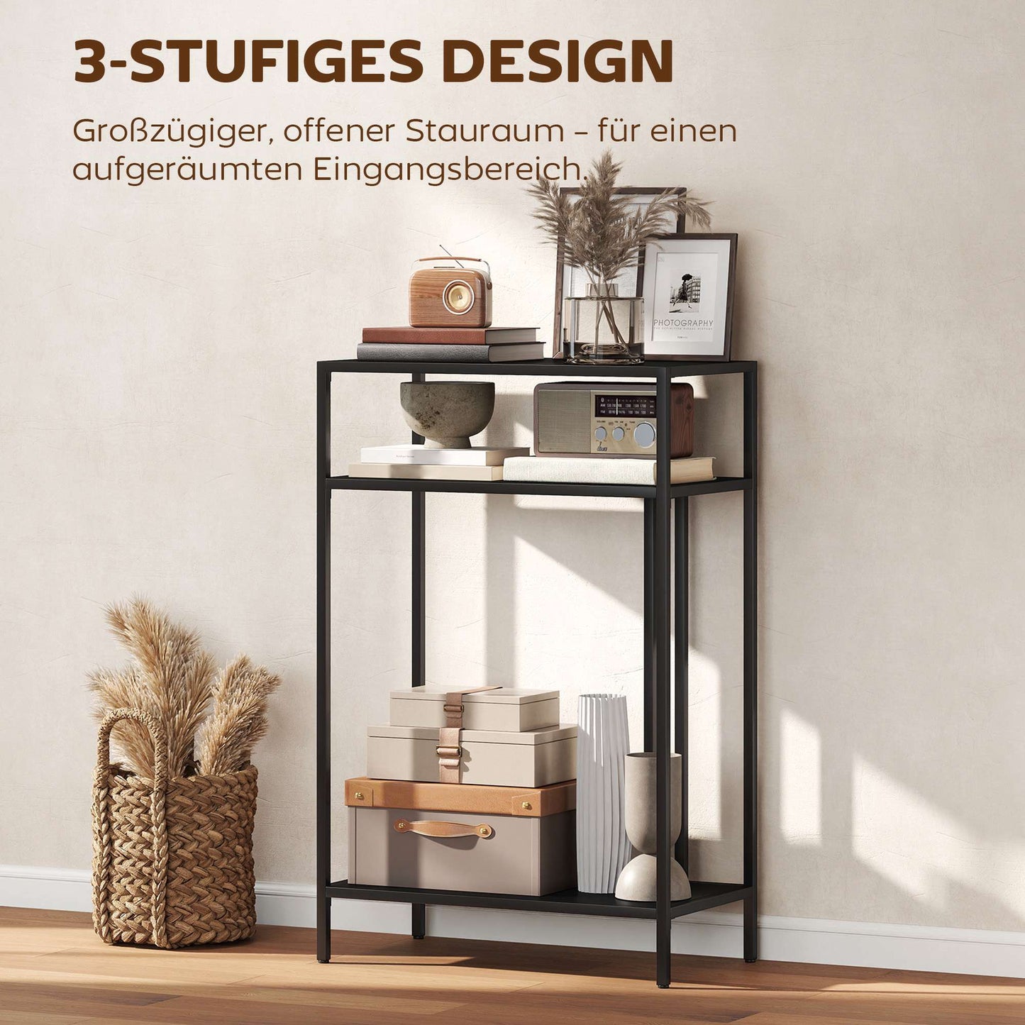 Console Table with 3 Shelves, Metal Frame, Black, 55 cm
