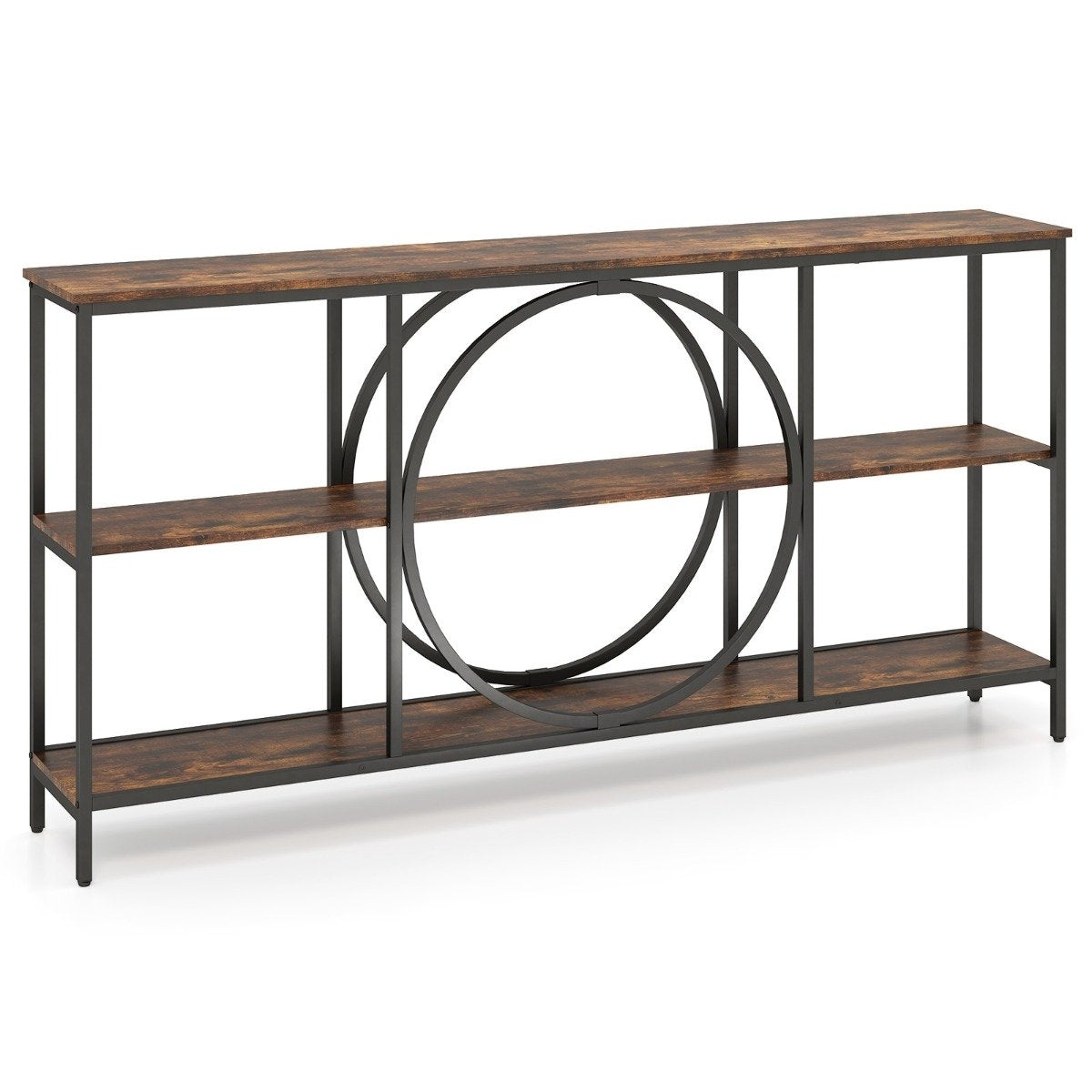Console Table with 3 Tiers – Brown Faux Wood, Metal Frame