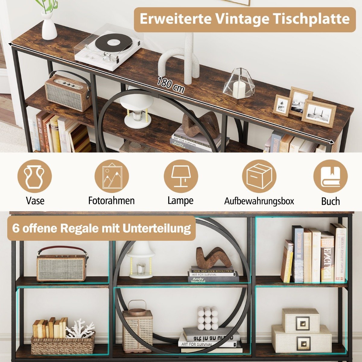 Console Table with 3 Tiers – Brown Faux Wood, Metal Frame