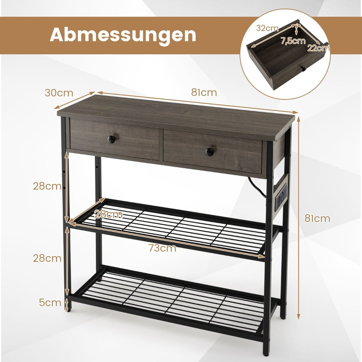 Console Table with Charging Station, 2 Drawers & Shelves