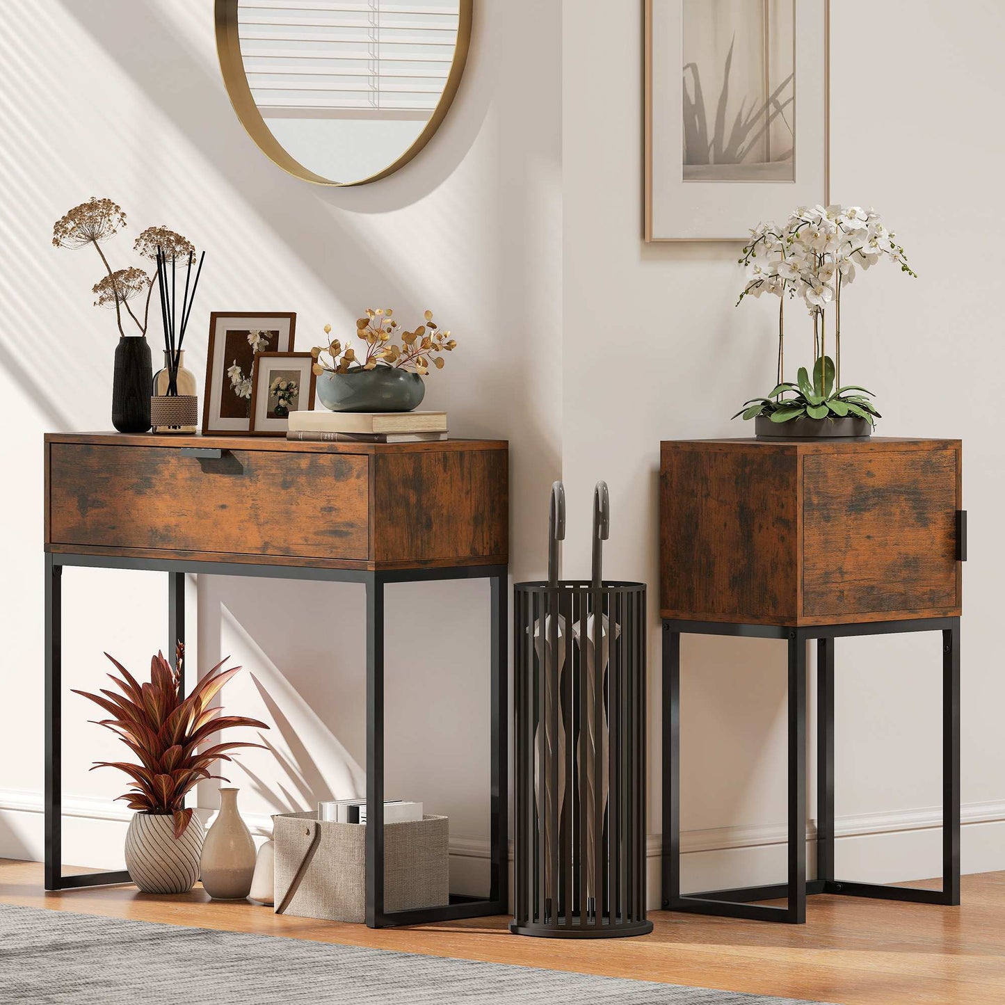 Console Table with Drawer, Industrial Design, 80x30x76 cm, Black