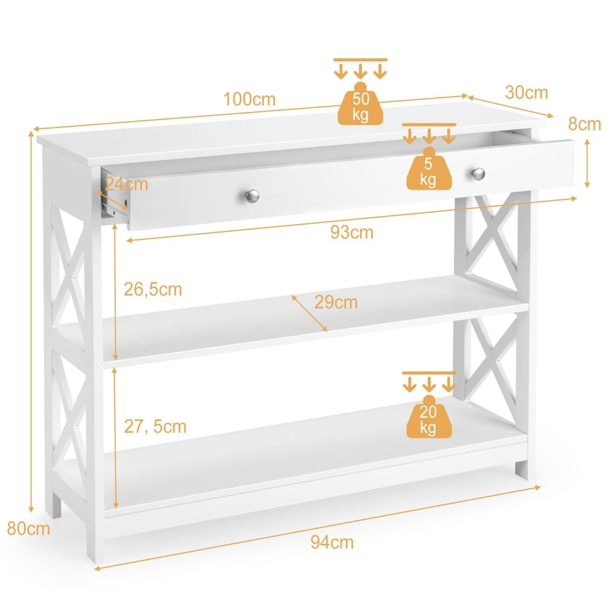 Console Table with Drawer and Shelves, White MDF, 100x30x80 cm