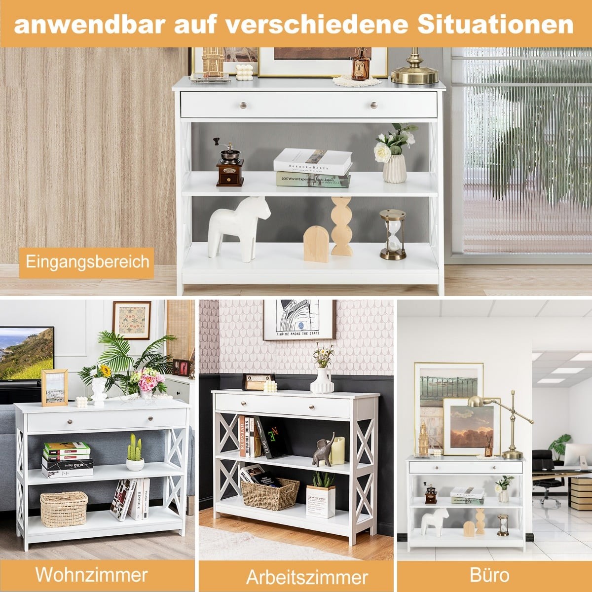 Console Table with Drawer and Shelves, White MDF, 100x30x80 cm