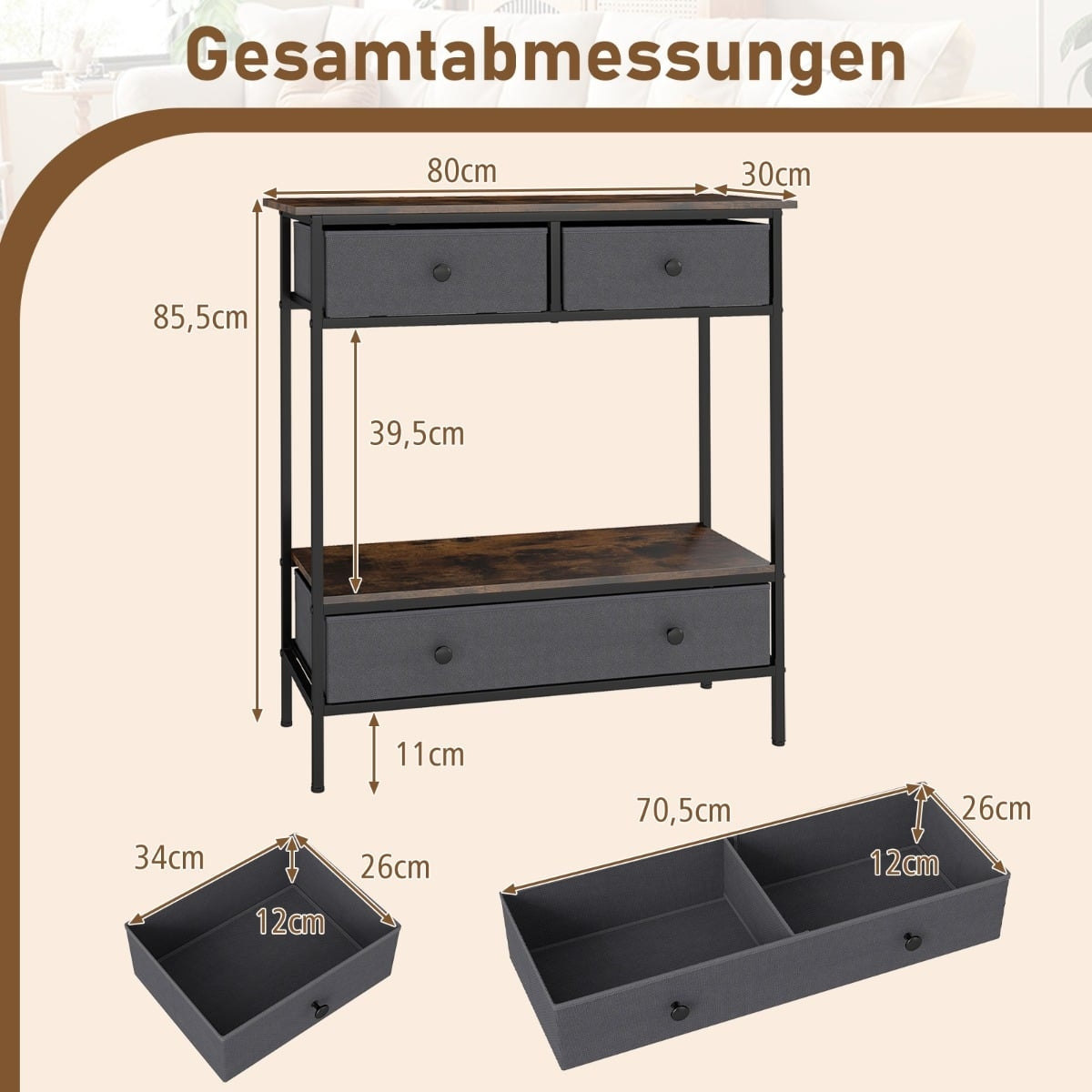 Console Table with Drawers, Rustic Brown, Metal Frame