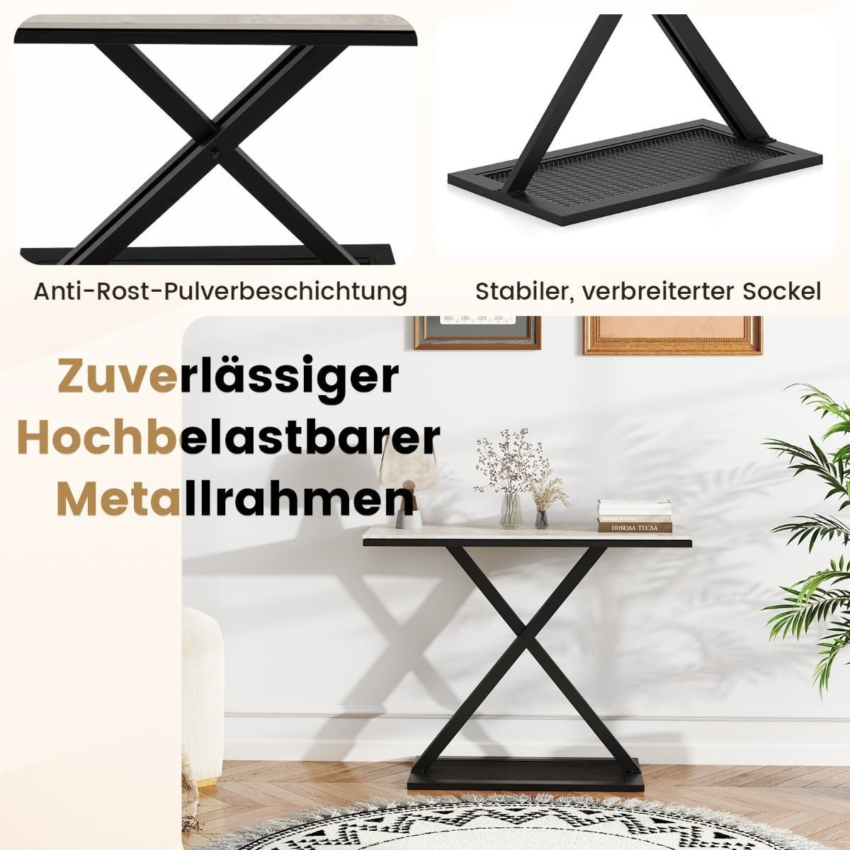 Console Table with Faux Marble Top, Metal Frame, 100x40x77.5 cm