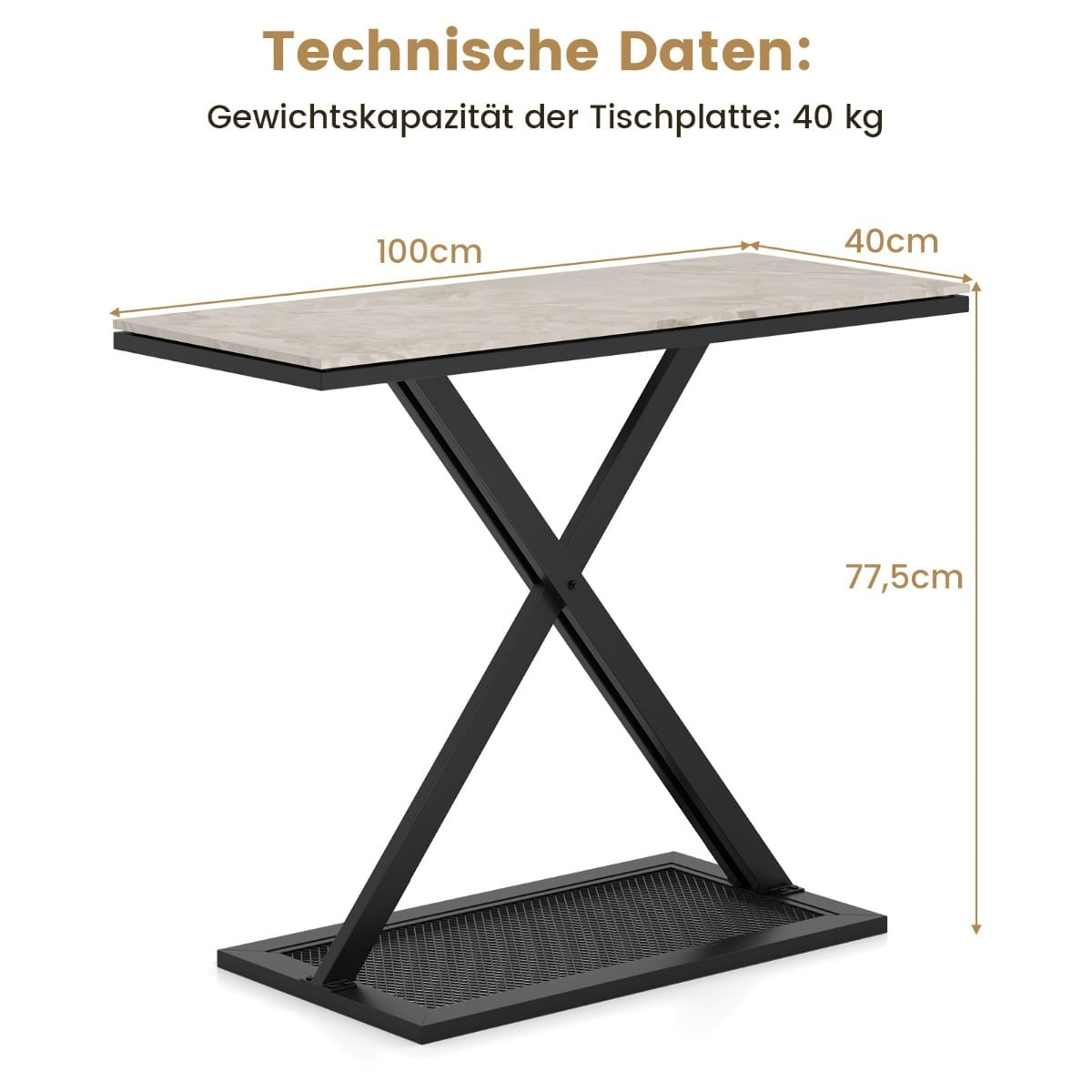 Console Table with Faux Marble Top, Metal Frame, 100x40x77.5 cm