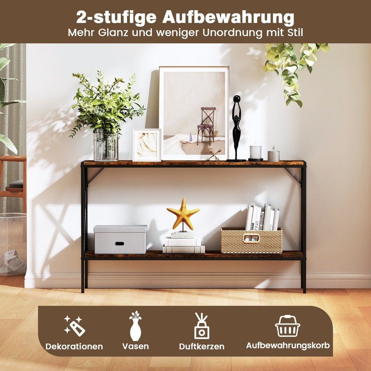 Console Table with Metal Frame, 120 cm, 2-Tier Storage