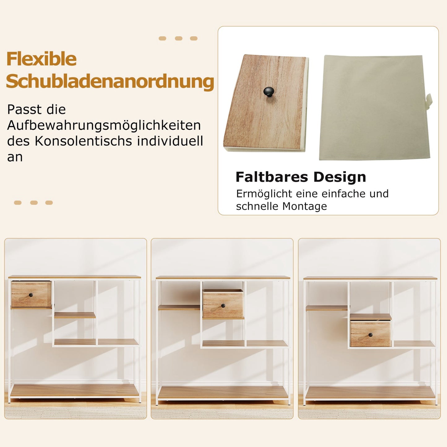 Console Table with Storage, Fabric Drawer & Shelves