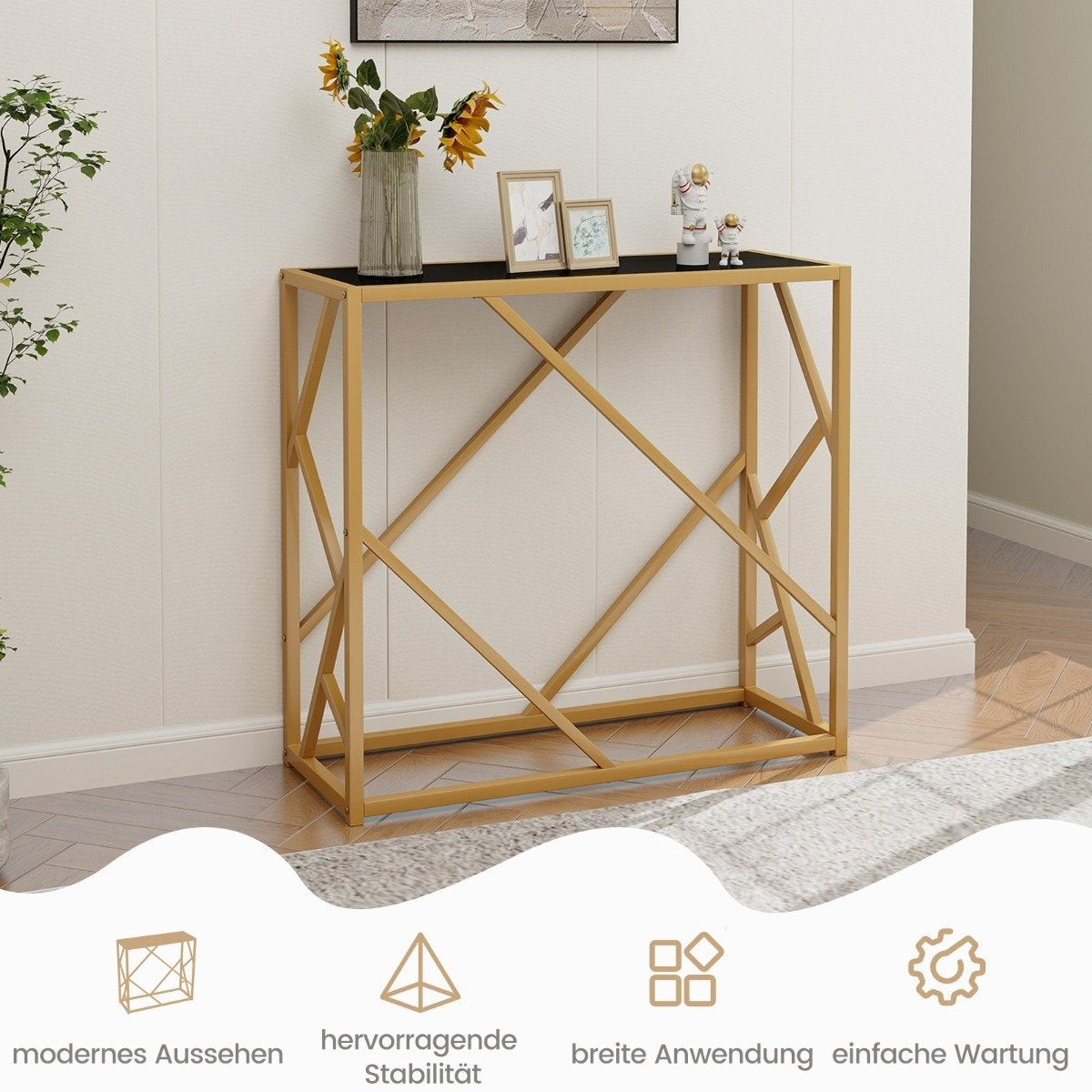 Console Table with Tempered Glass Top, Gold Frame, 80 cm